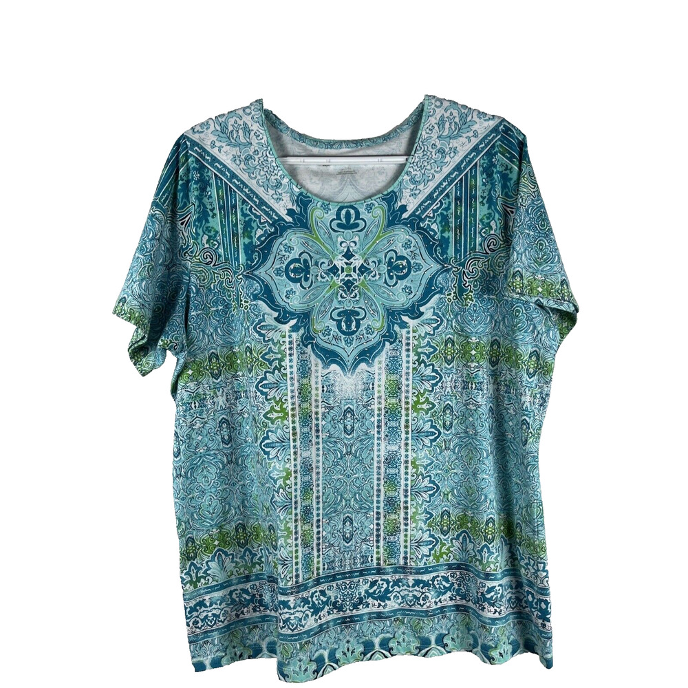 Allison Daley Womens X-Large Shirt Green Blue Short Sleeve Stretch Plus Casual